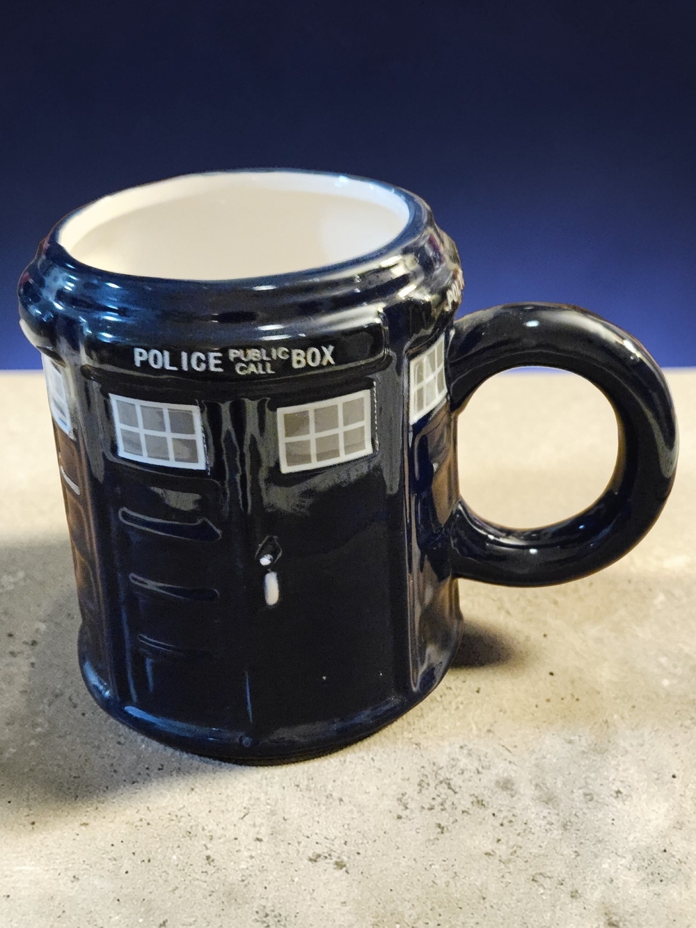 TARDIS-Inspired Ceramic Mug in Navy Blue